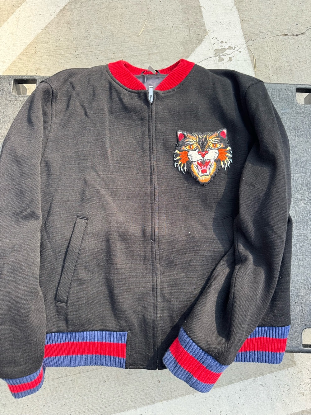 Gucci Men's Black Wool Jacket with Red Trim and Embroidered Tiger
